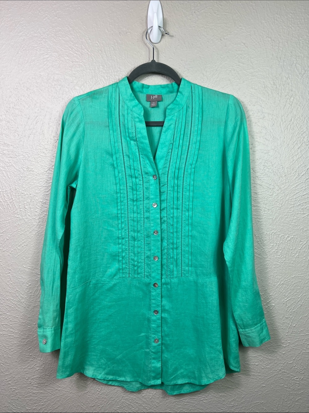J. Jill Linen Green Pleat Detail 3/4 Sleeve Button Front Tunic Top Blouse XS